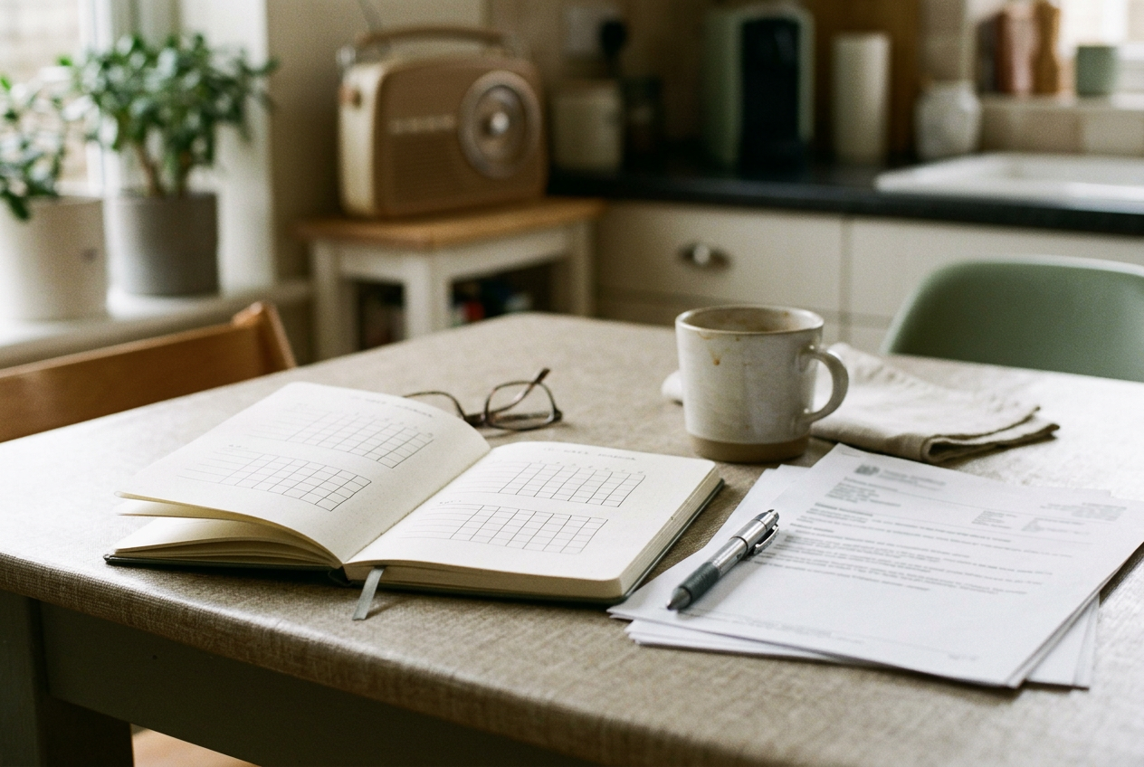 An open notebook beside a medication pen and a visit summary on a kitchen table.