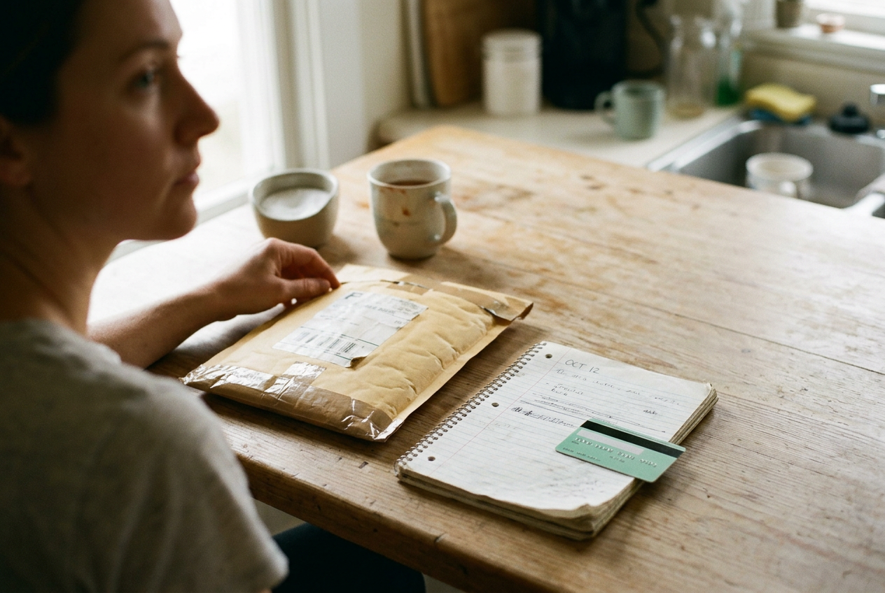 A notebook and insurance card beside a sealed mail-order pharmacy package on a kitchen table.