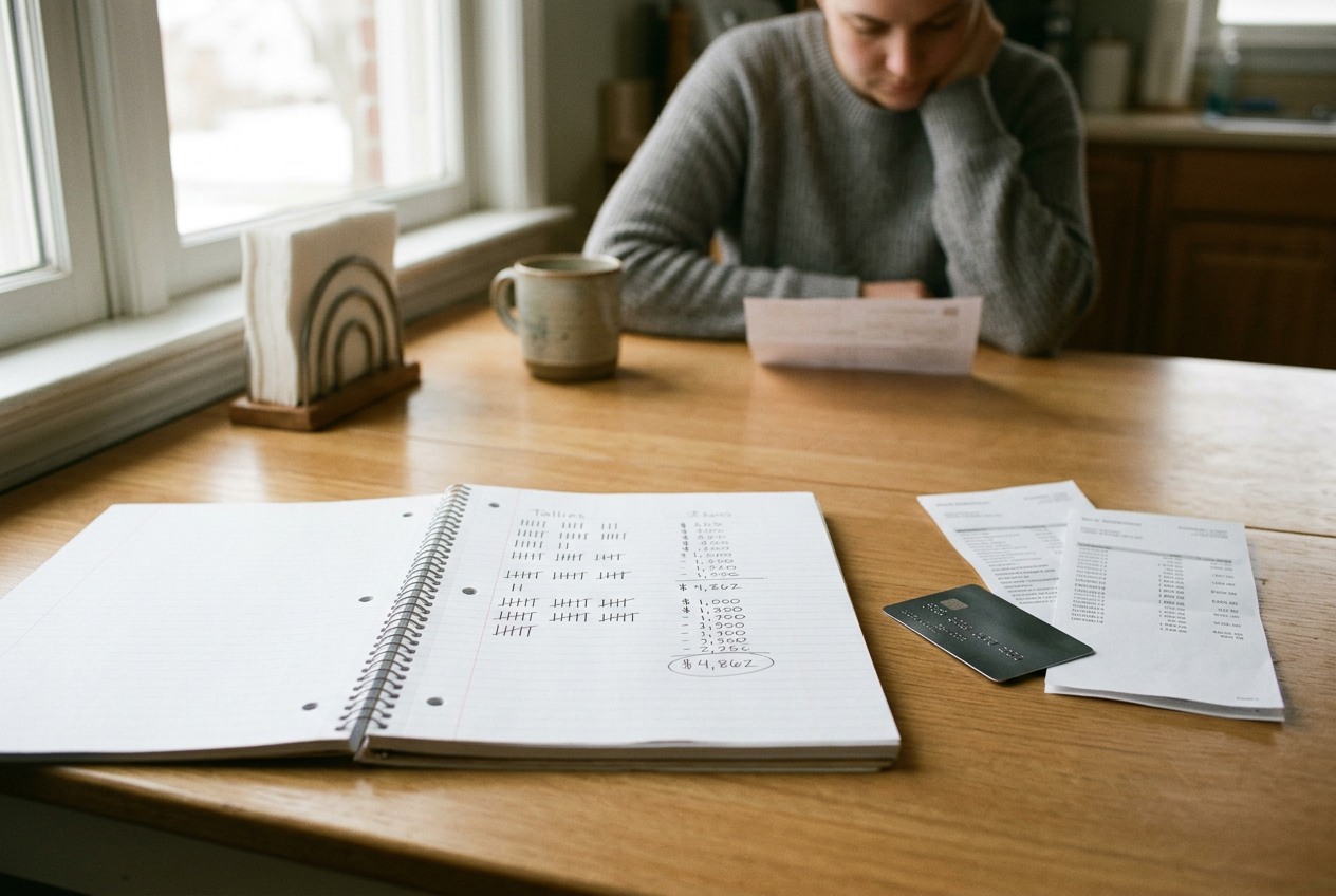 An open notebook beside a credit card and two bank balance printouts on a kitchen table.
