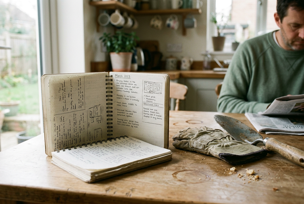 A mechanic’s notebook open beside work gloves and a hand tool on a kitchen table.