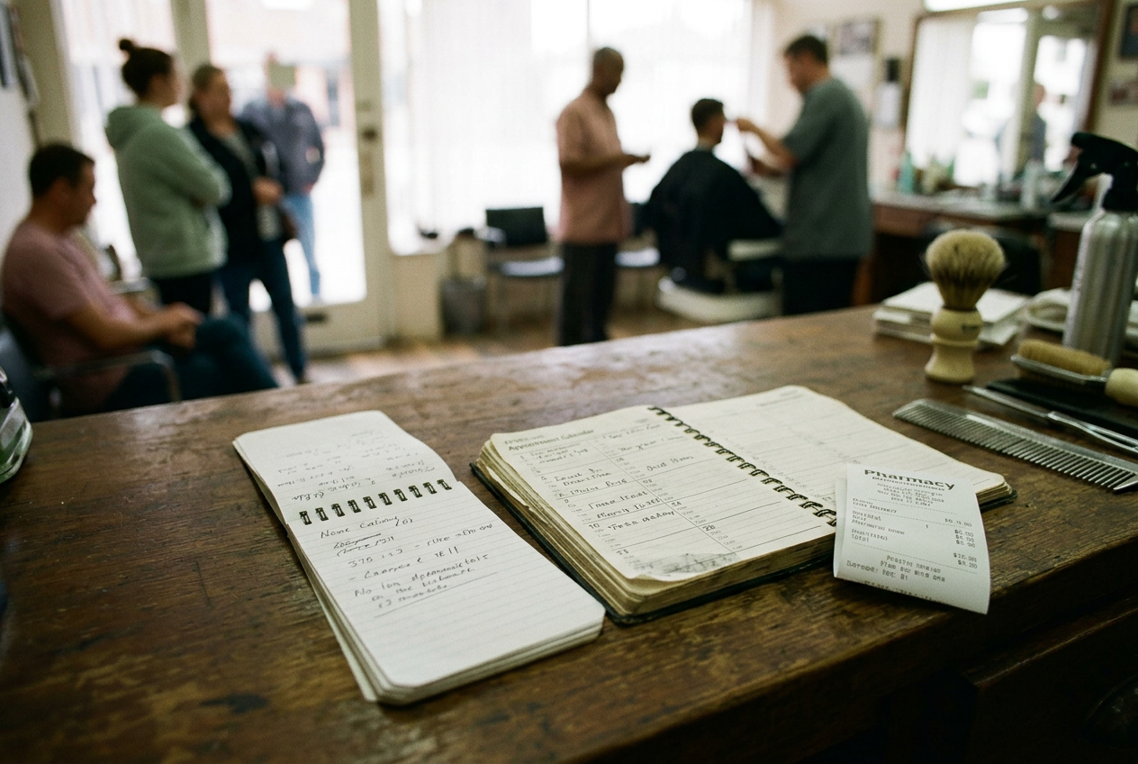 A notebook beside a pharmacy receipt and appointment book on a barbershop counter.