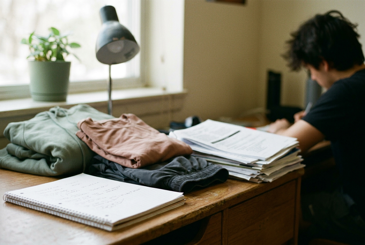 A notebook beside folded athletic clothing on a college student’s desk.
