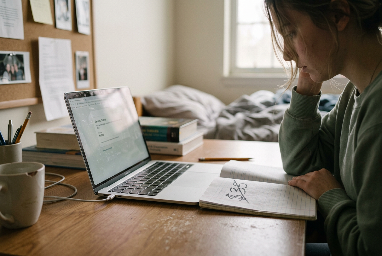 A laptop on a dorm desk shows a $35 missed-appointment fee in a patient portal beside an open notebook.