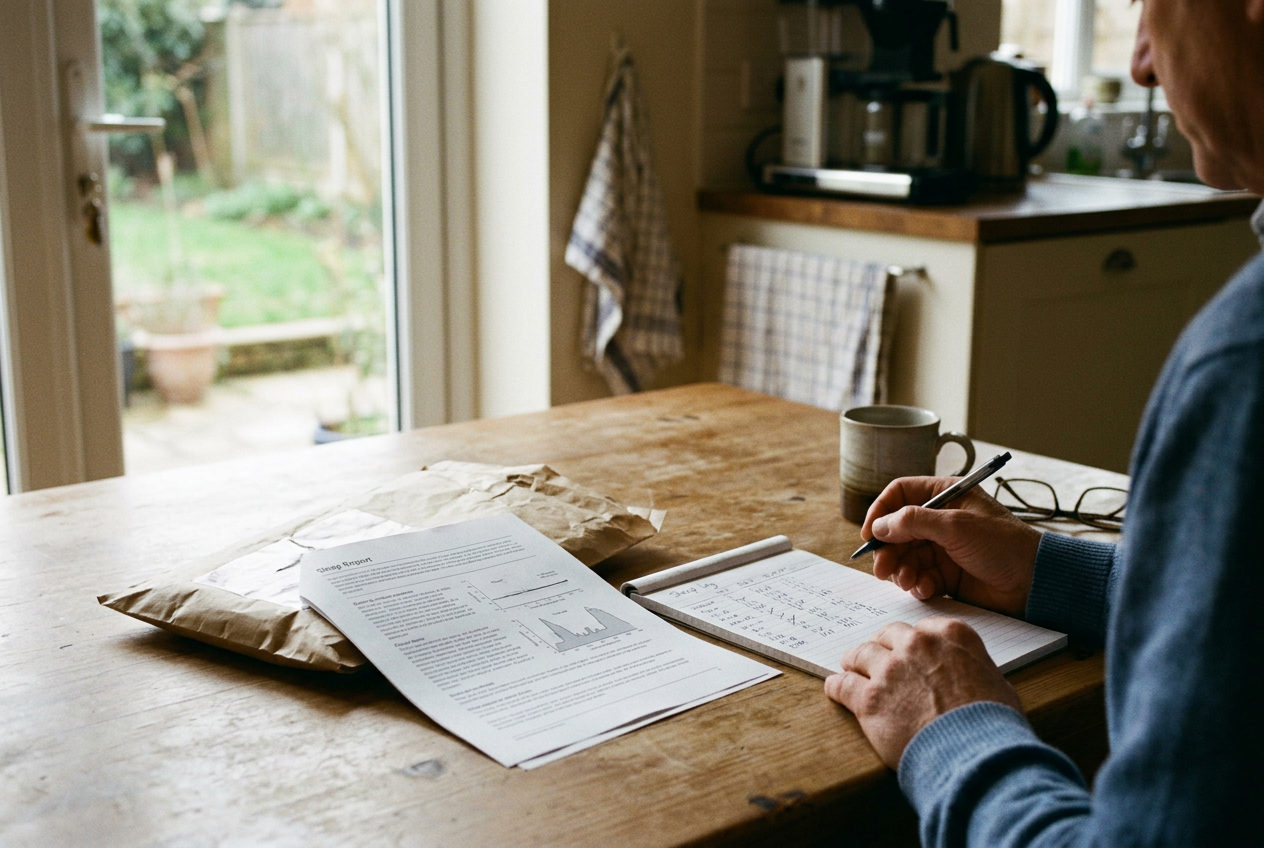 A printed sleep report, paper sleep log and home testing pouch arranged on a kitchen table.