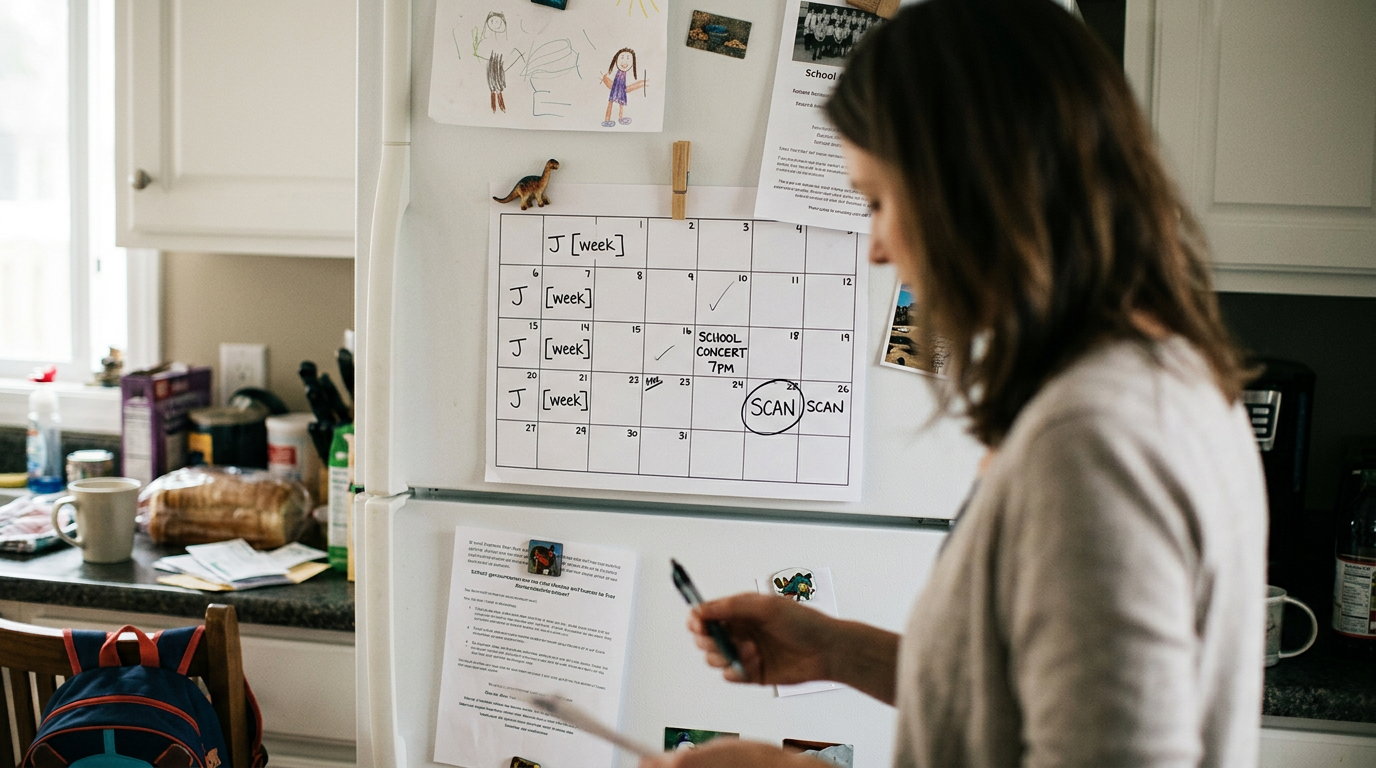 A paper family calendar on a refrigerator with custody weeks marked and a future month circled.