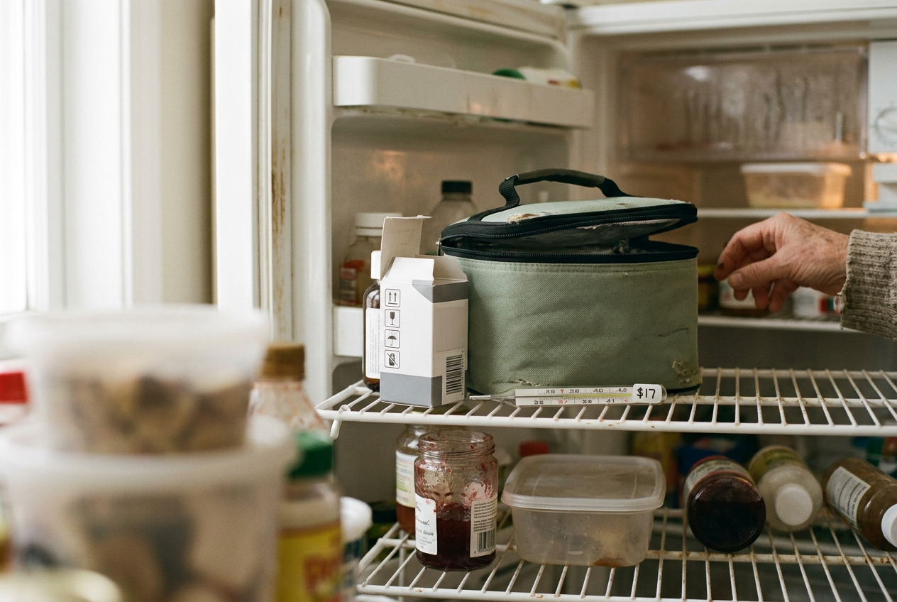 An open truck cab refrigerator holding an insulated lunch box and a small thermometer beside a medication carton.