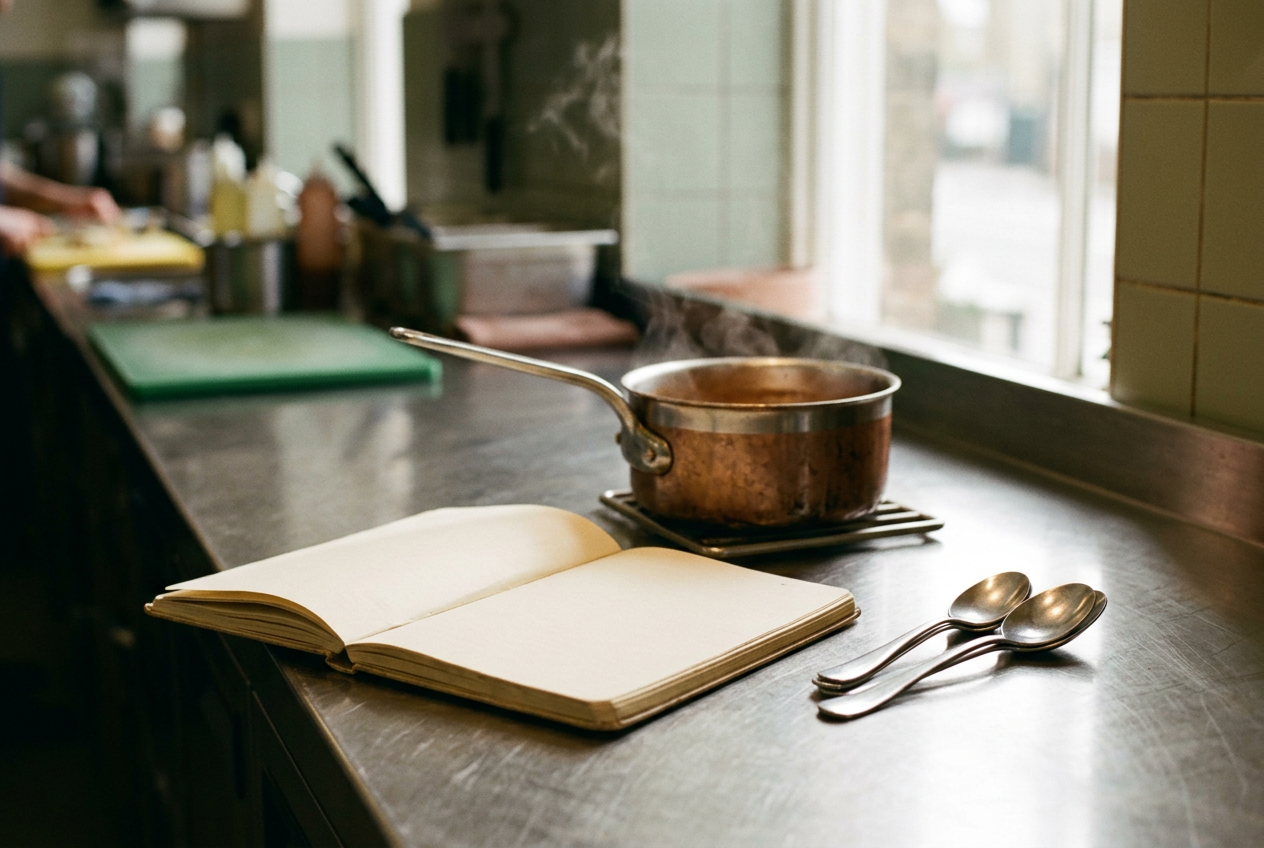 A kitchen notebook beside tasting spoons and a saucepan at a restaurant pass.