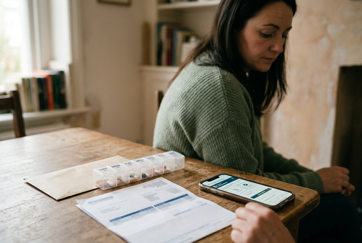 A pill organizer beside a final pay stub and a phone displaying a Medicaid approval notice.
