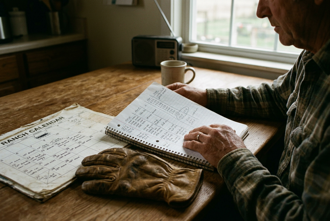A notebook and ranch calendar beside work gloves on a kitchen table in rural Montana.