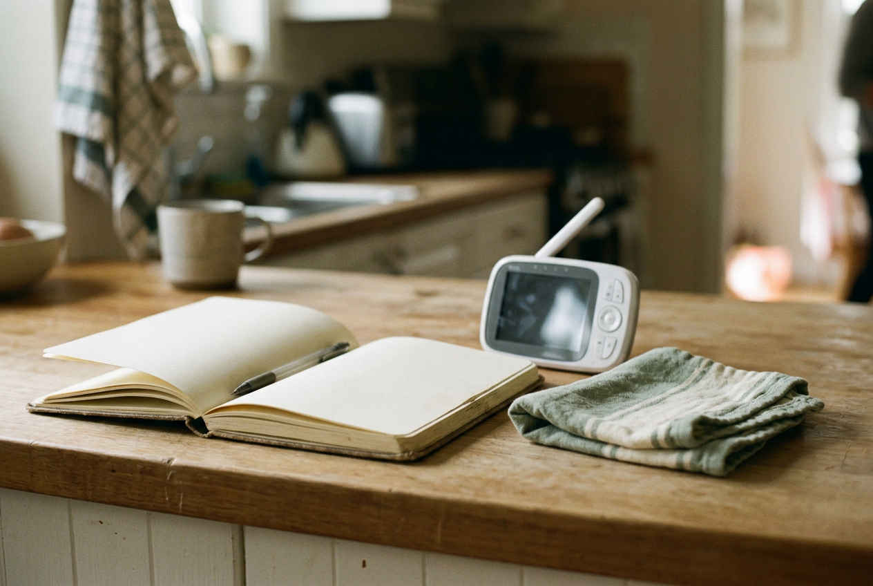 An open notebook beside a baby monitor and folded burp cloth on a kitchen counter.