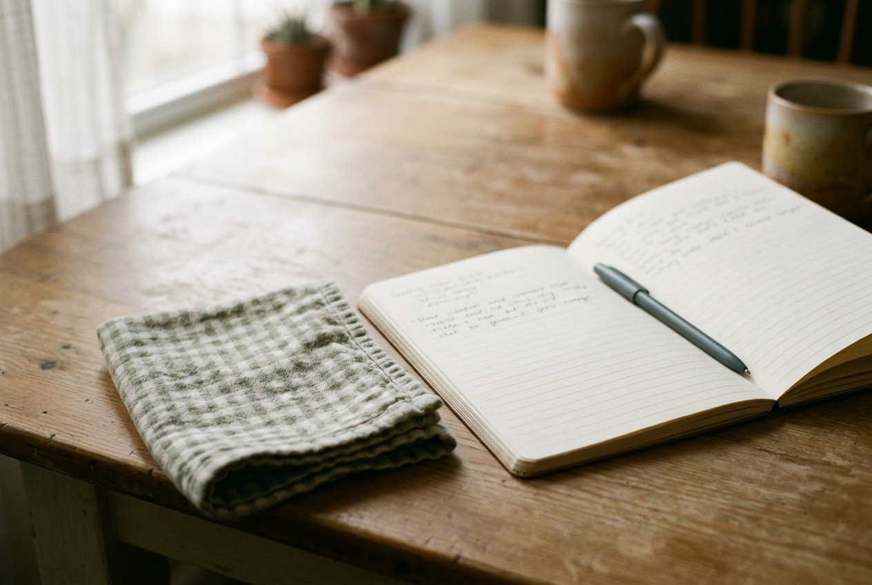 An open notebook beside a pen and folded burp cloth on a kitchen table.