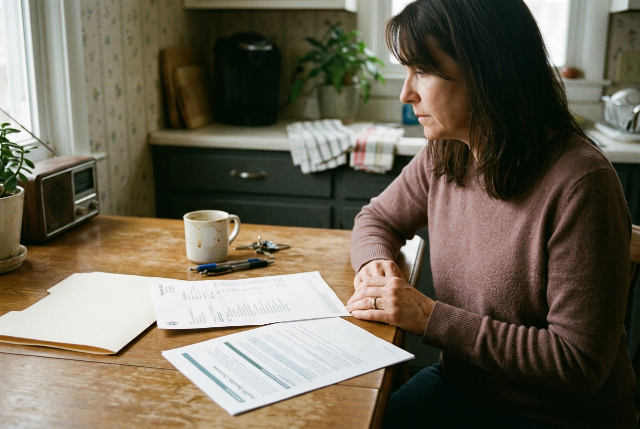 An itemized hospital statement showing $47,892 beside a printed benefits portal confirmation on a table.
