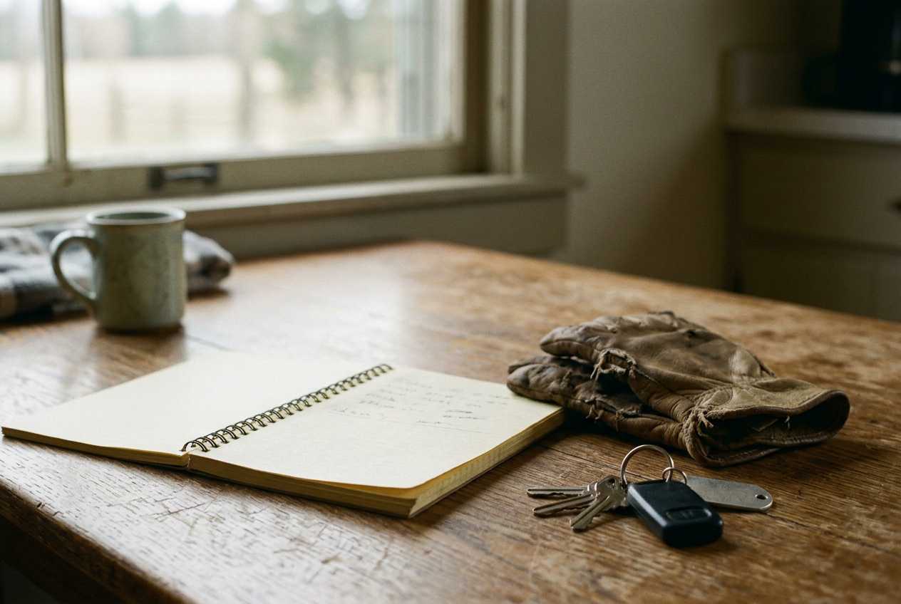 An open notebook beside work gloves and truck keys on a ranch kitchen table.