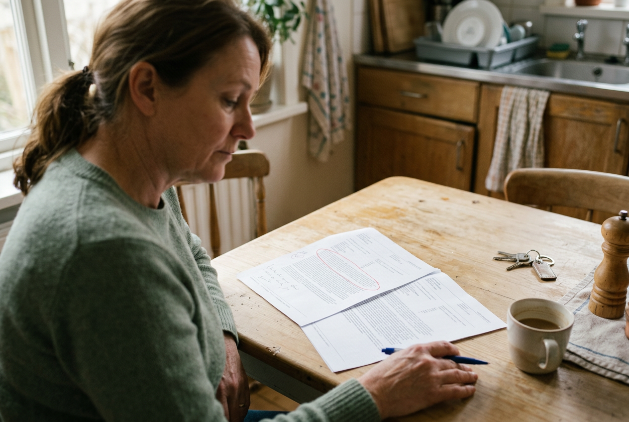 Two printed pathology reports on a kitchen table, with one revised section circled in pen.