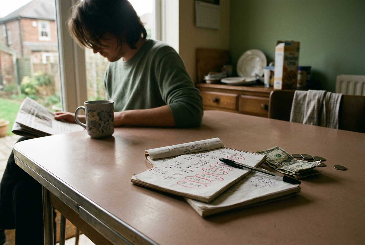 A server’s notebook open to circled dates and tip amounts beside a pen on a kitchen table.