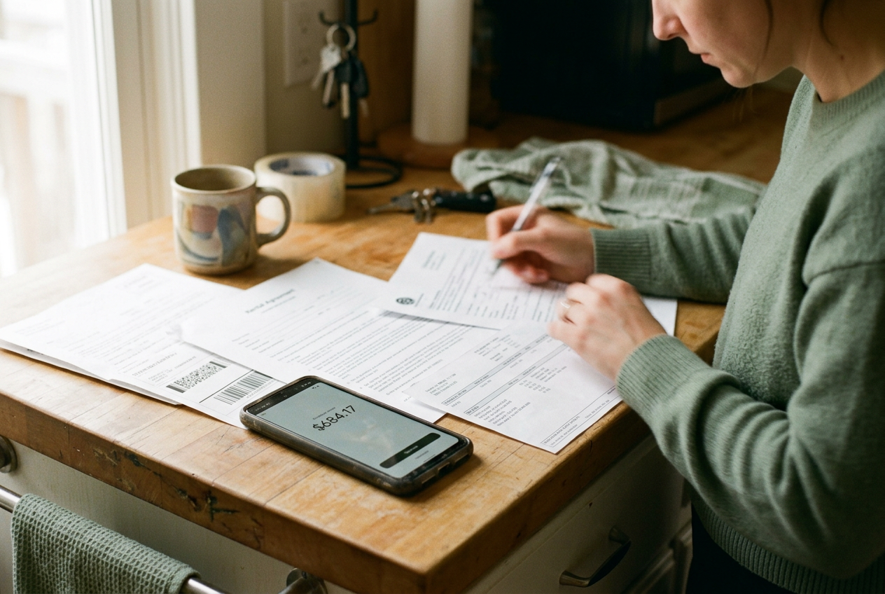 A phone displaying a $684.17 pharmacy price beside moving papers and a pay stub on a kitchen counter.