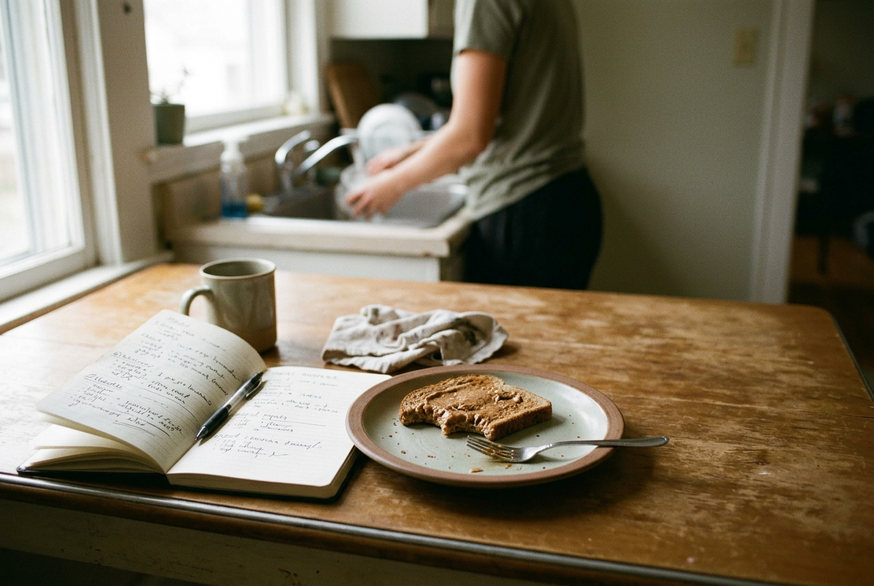 A notebook open beside a plate holding part of a piece of toast on a kitchen table.