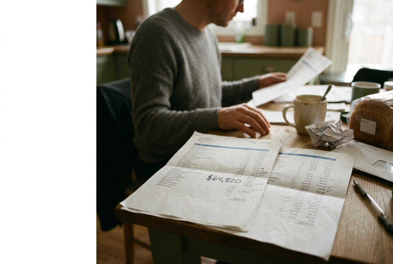 An itemized $64,820 air ambulance bill beside a hospital transfer record on a kitchen table.