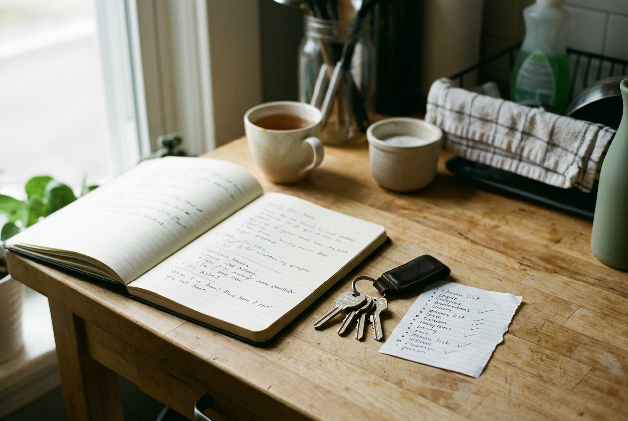 A notebook open beside car keys and a folded clinic bill on a kitchen counter.