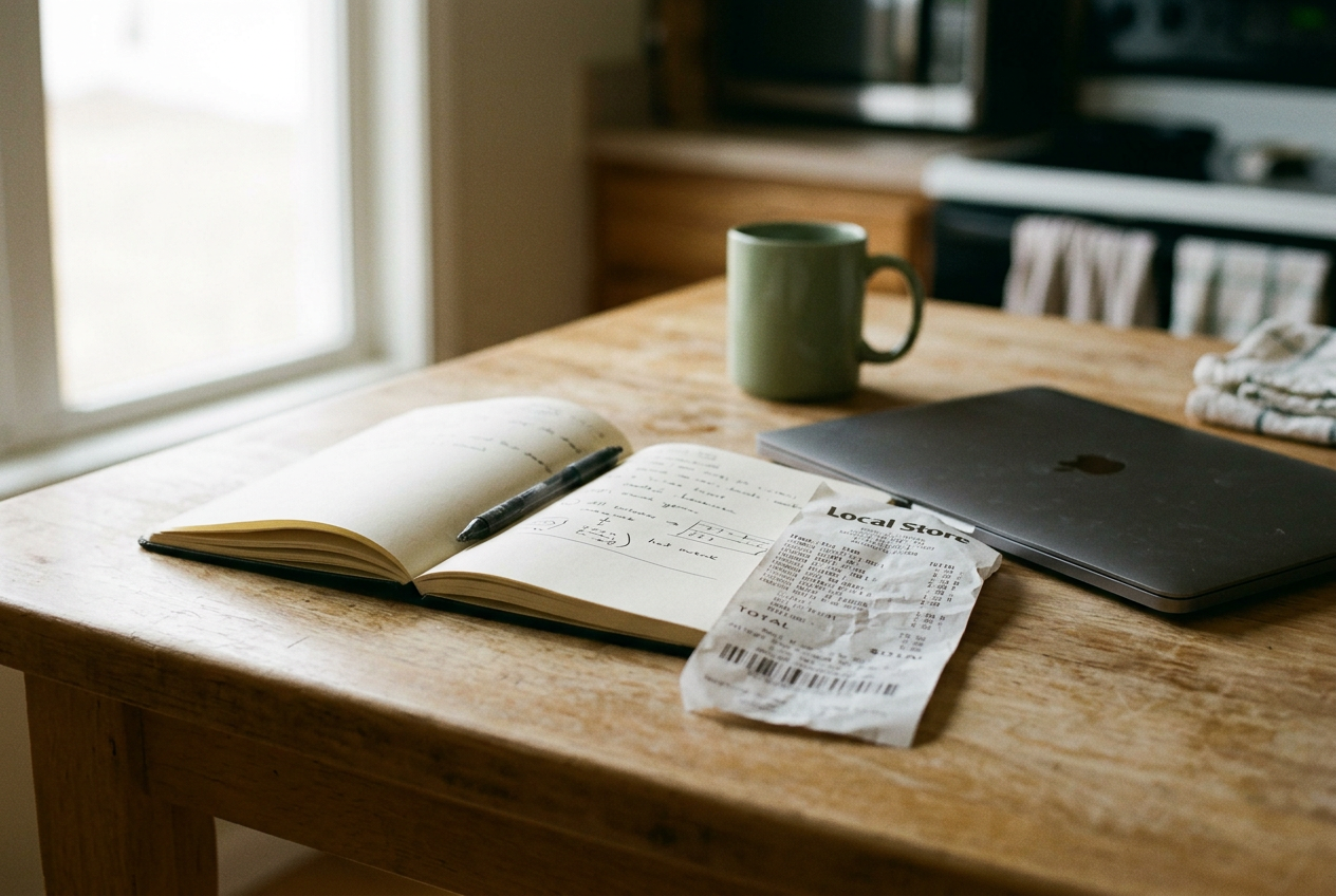 A notebook open beside a grocery receipt and laptop on a kitchen table.