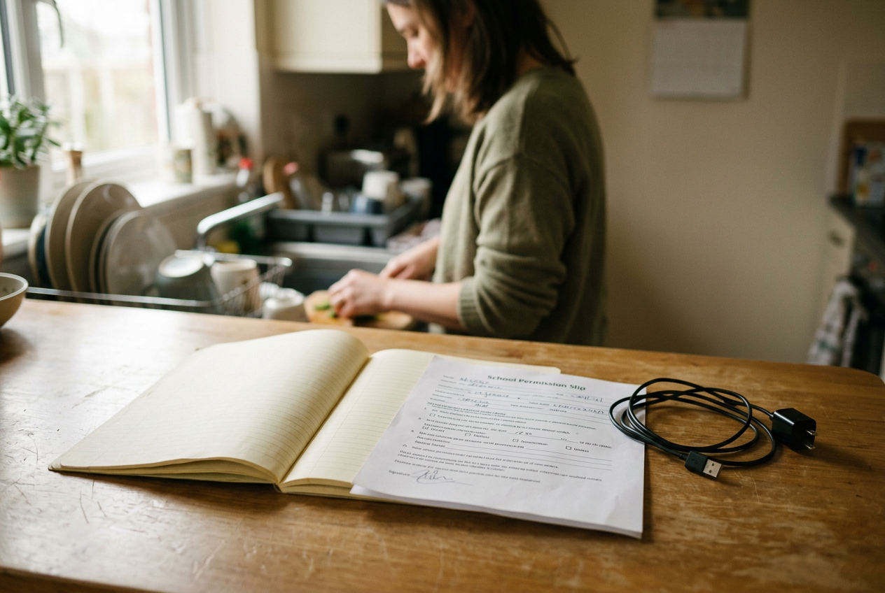 An open notebook, school papers, and a phone charger on a kitchen table.