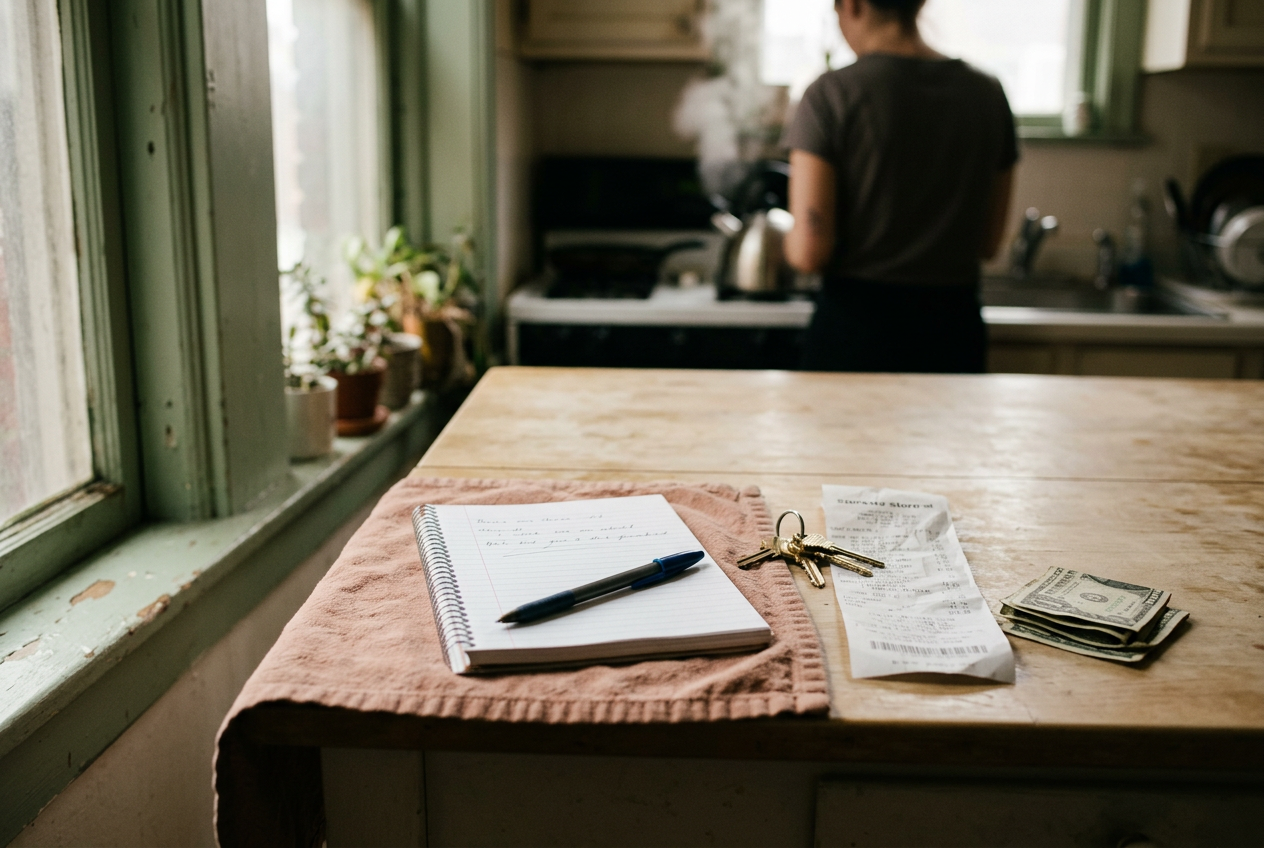A notebook, pen, apartment keys, and grocery receipt resting on a kitchen table.