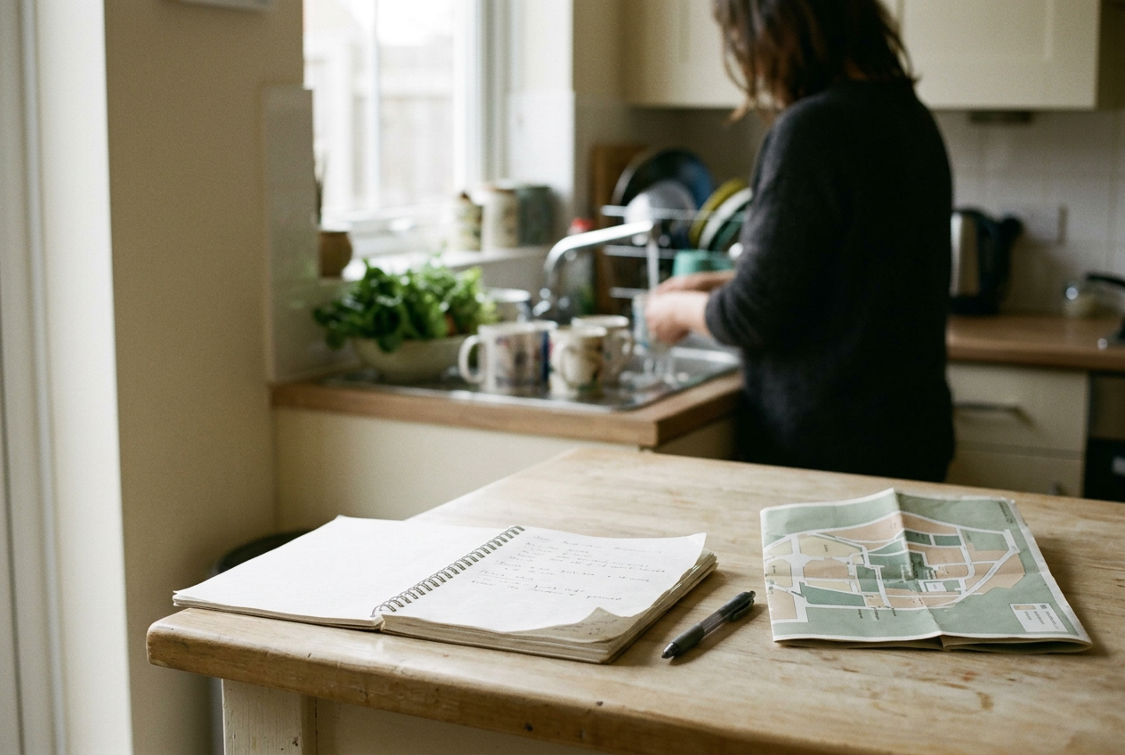 An open notebook and pen resting on a kitchen table beside a folded hospital map.