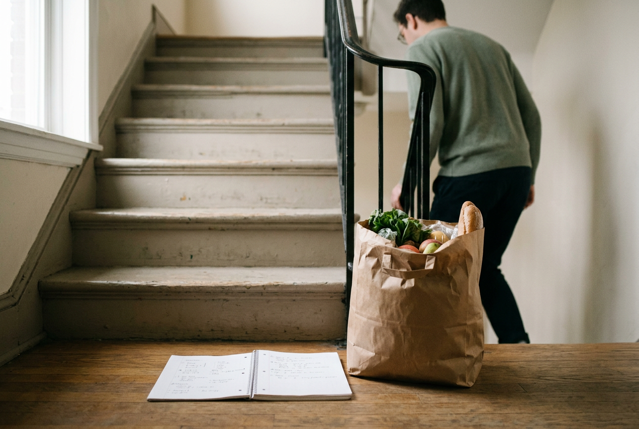 A grocery bag and open notebook resting beside an apartment staircase.