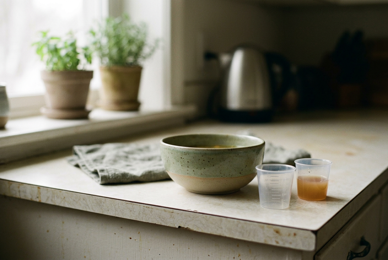 Small plastic medicine cups beside a bowl of strained soup on a kitchen counter.
