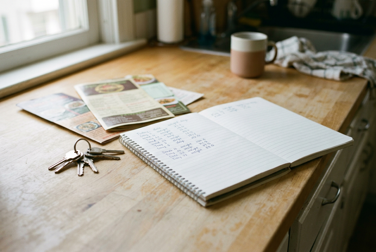 A notebook open beside a set of keys and takeout menus on a kitchen counter.