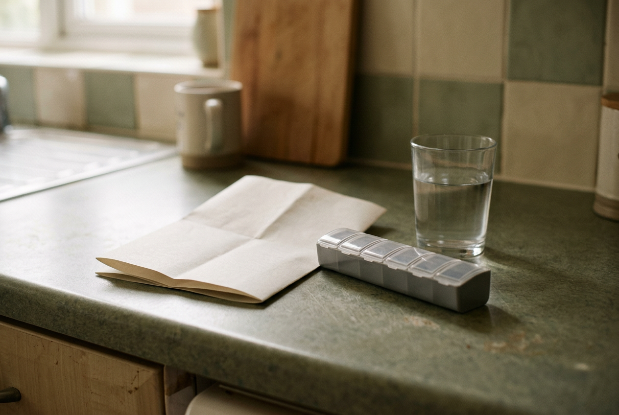 A pill organizer and folded medication handout rest on a kitchen counter beside a glass of water.