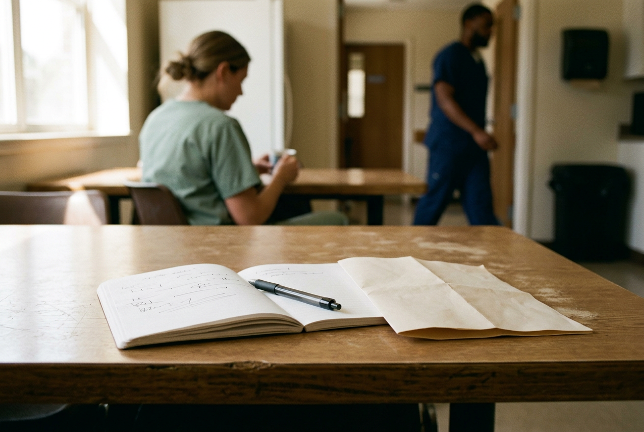 An open notebook and pen on a break-room table beside a folded staff schedule.