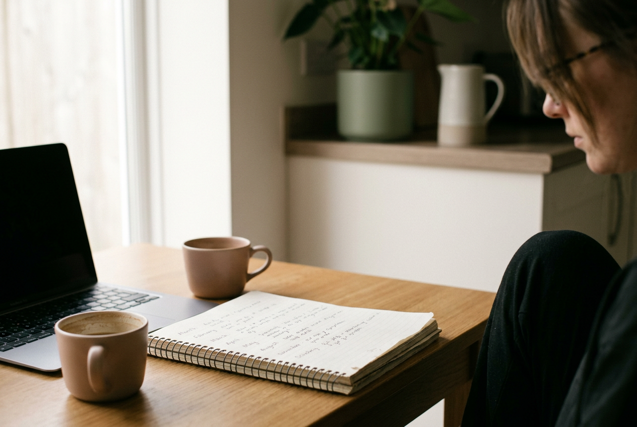 A notebook with dated symptom notes resting beside a laptop and coffee cup on a kitchen table.