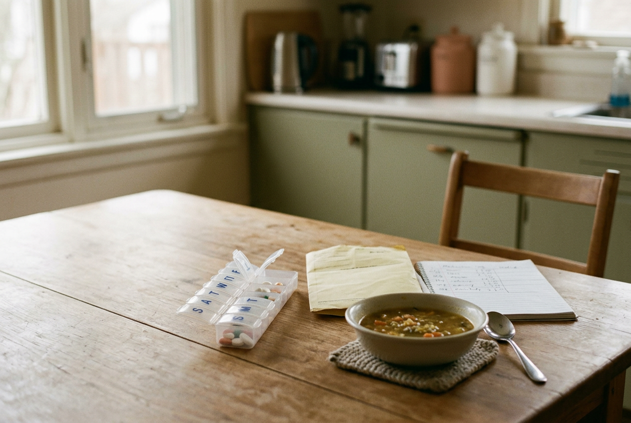 A pill organizer, discharge packet and untouched bowl of soup on a kitchen table.