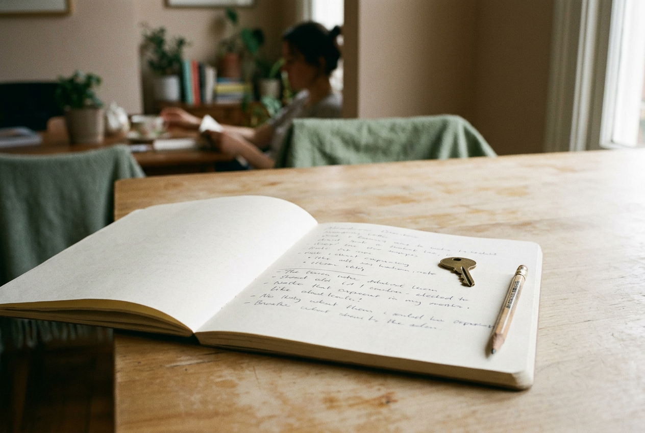 A notebook beside picture cards and a pencil, with handwritten notes about speech, language, reading, and swallowing.