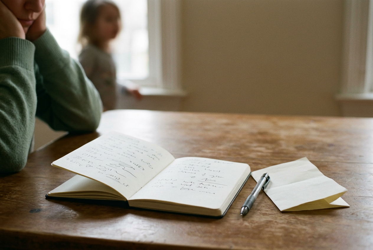 A notebook open to bilingual choices including yes, no, not sure, and more information beside a pen.