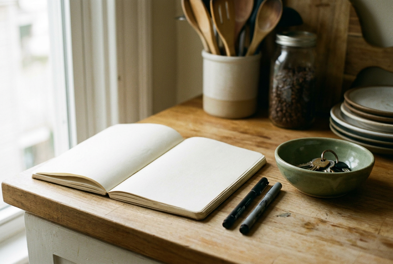 A shared notebook and two pens on a kitchen counter beside a bowl for keys.