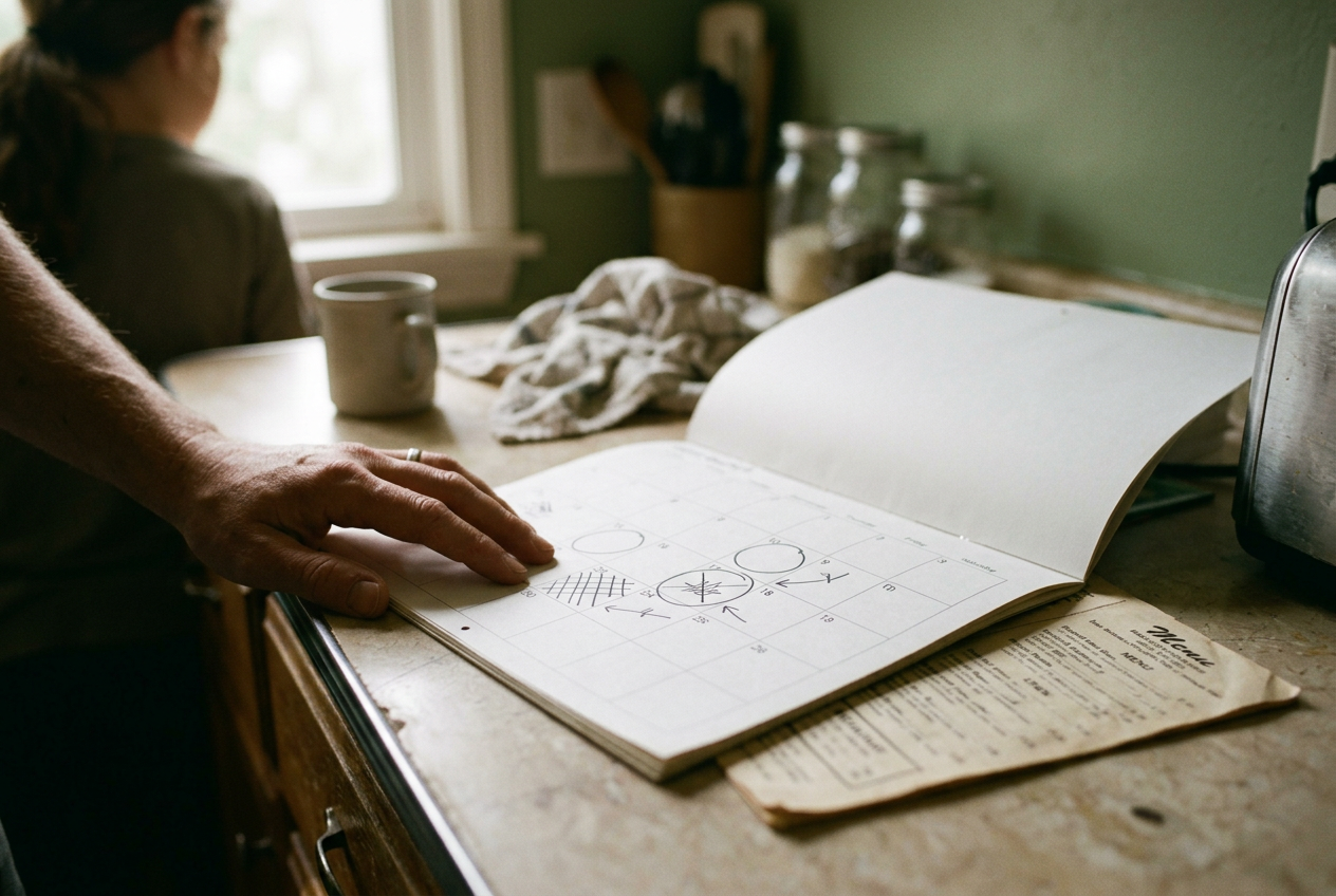 A paper calendar on a kitchen counter shows cardiology visits, cholesterol results and circled injection dates.