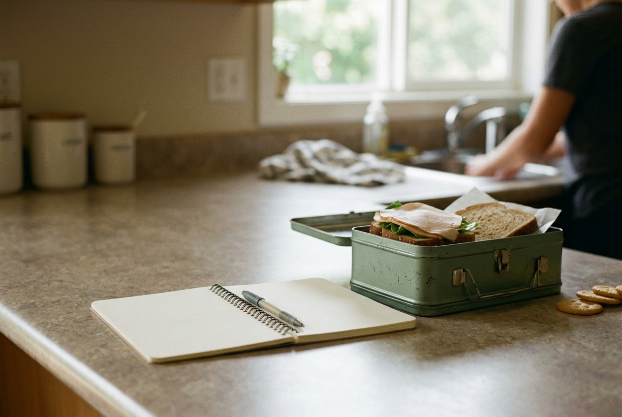 A child’s lunchbox beside an open notebook, packaged crackers and a sandwich on a kitchen counter.