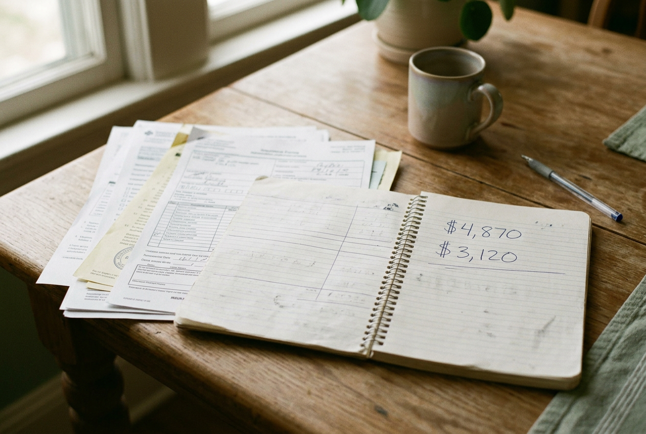 A notebook open to two surgery cost figures beside insurance papers on a kitchen table.