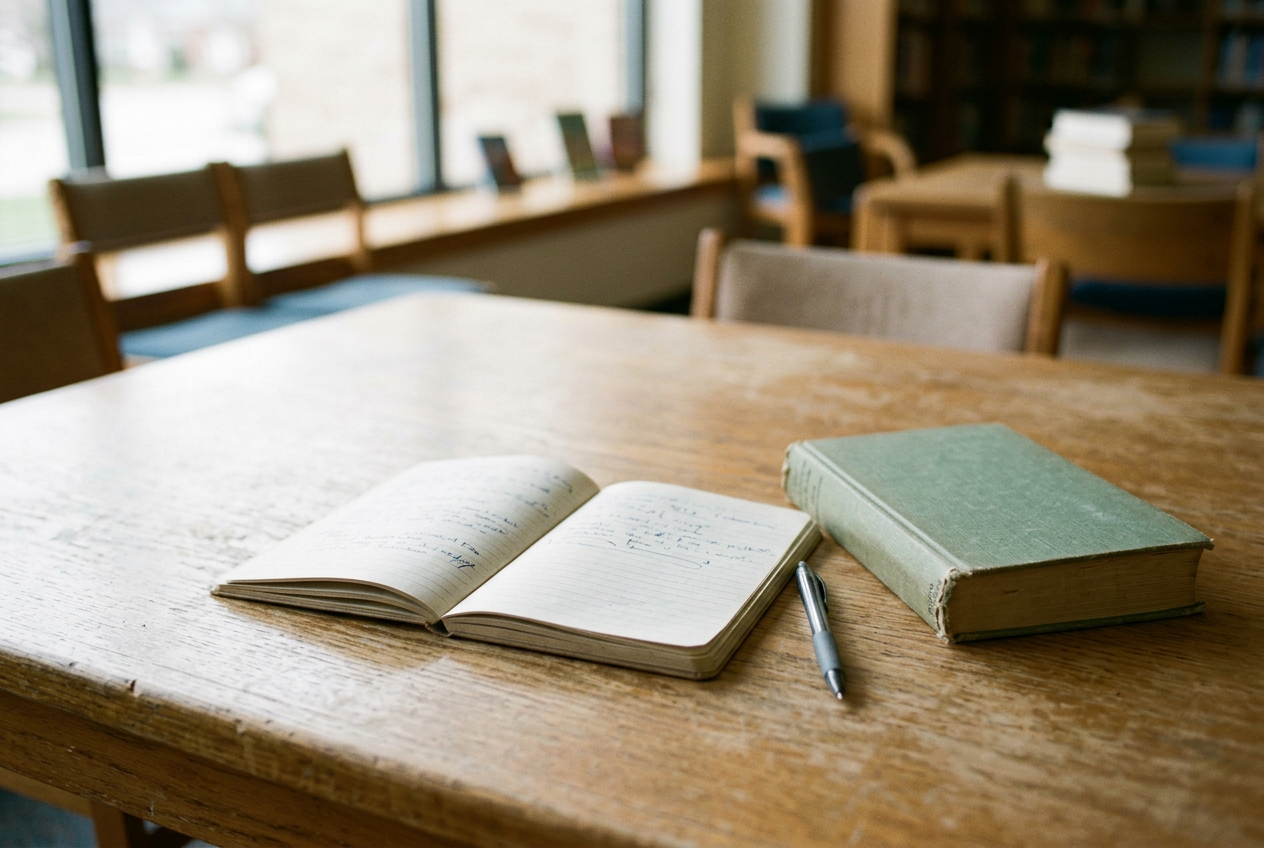 An open notebook and pen beside a library book on a community room table.