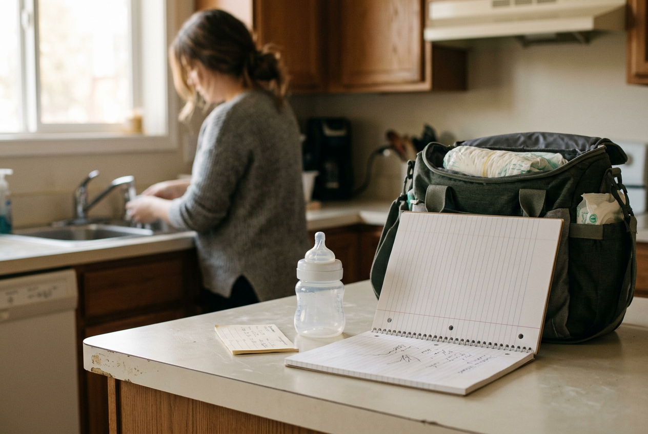 An open notebook beside a baby bottle, appointment card, and diaper bag on a kitchen counter.