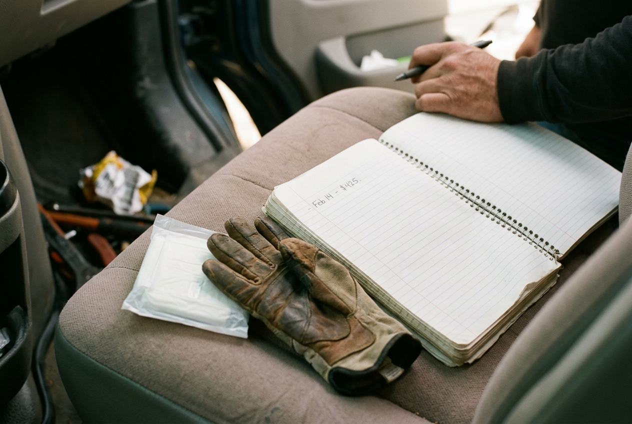 A plumber's notebook beside work gloves and packaged incontinence pads on a van seat.
