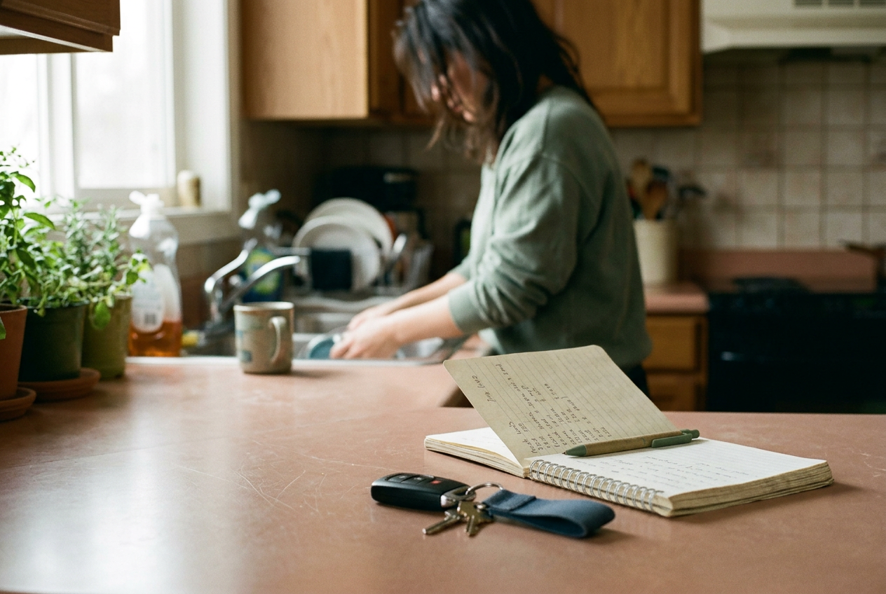 A notebook beside car keys and an appointment card on a kitchen counter.