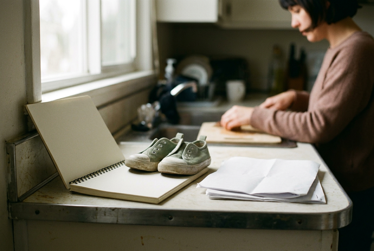 A parent’s notebook beside a child’s shoes and hospital discharge papers on a kitchen counter.