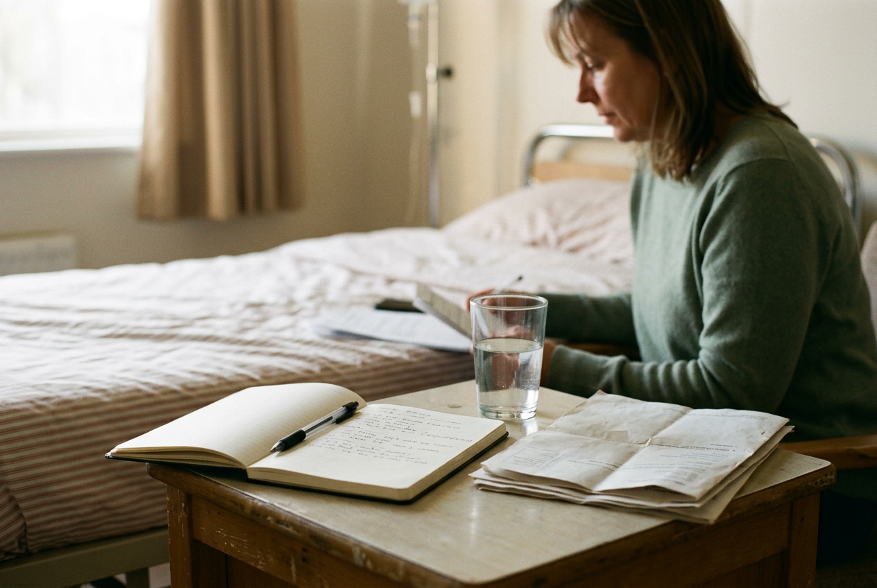 A notebook and pen beside a bed, with a glass of water and folded discharge papers nearby.