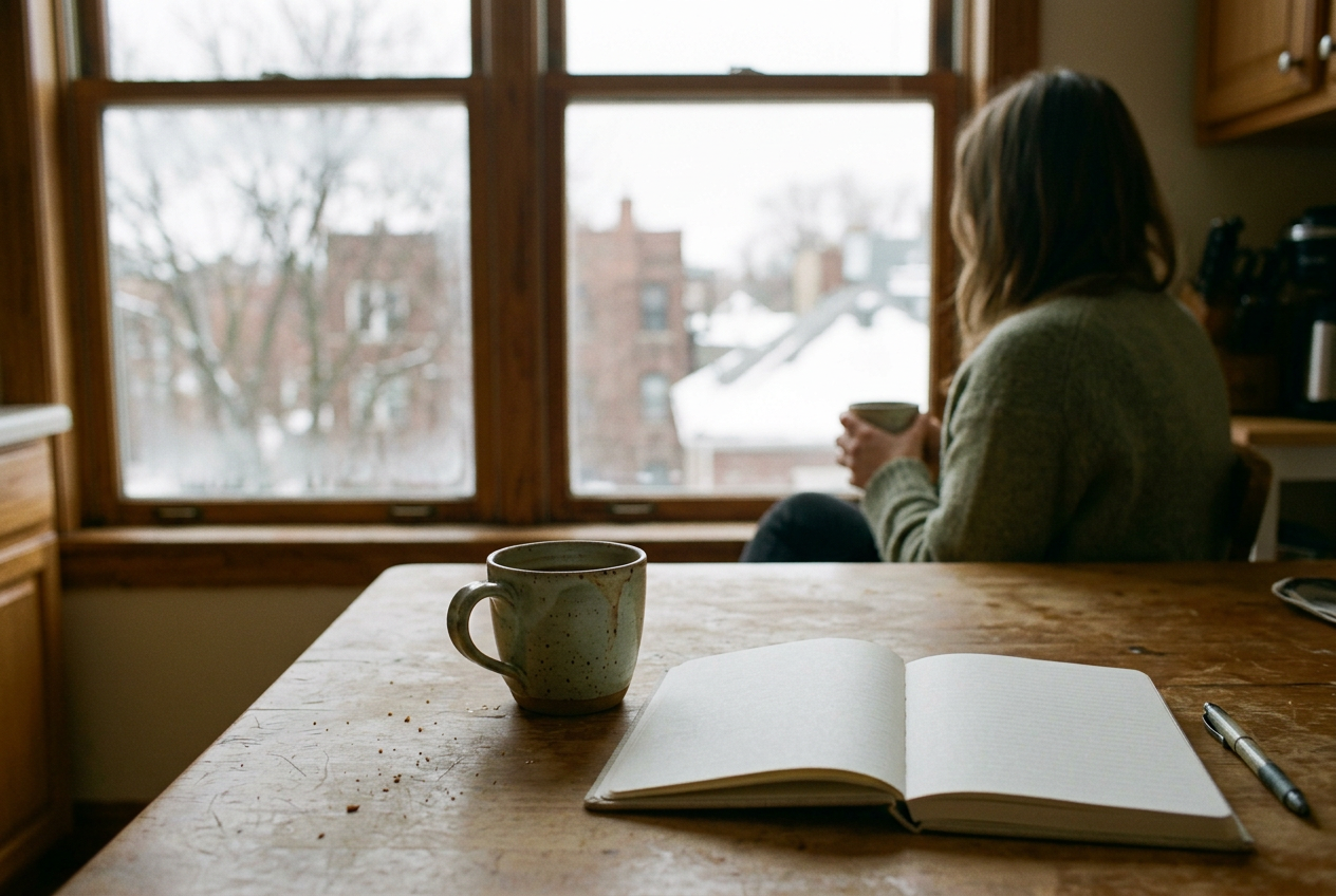 A plain notebook and mug on a kitchen table near a window during a Chicago winter.