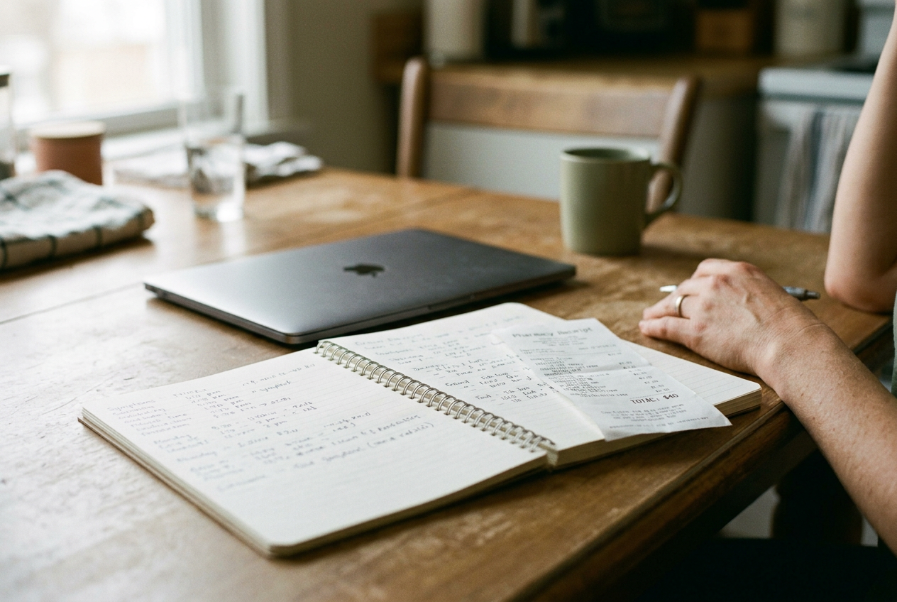 A notebook beside a closed laptop and a pharmacy receipt on a kitchen table.