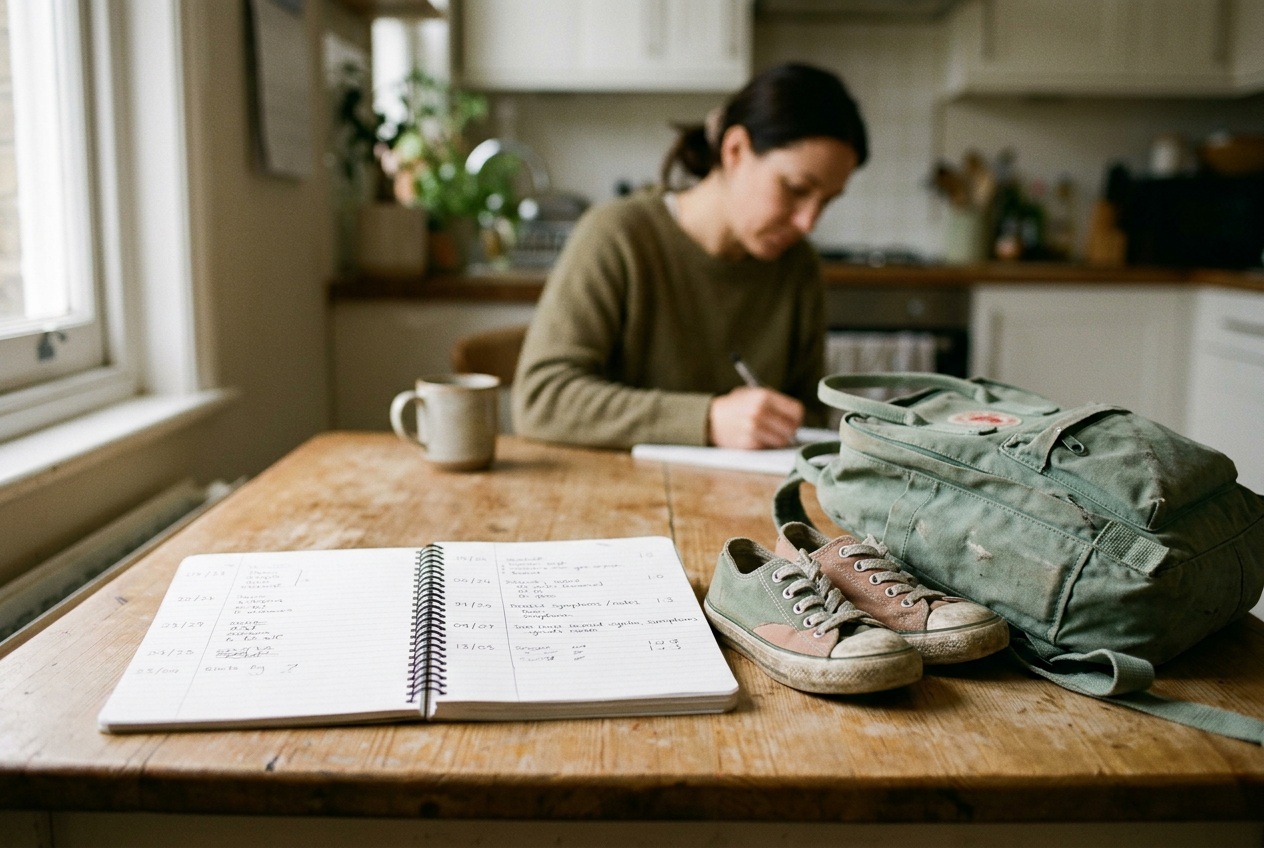 A notebook open beside a child’s sneakers and backpack on a kitchen table.