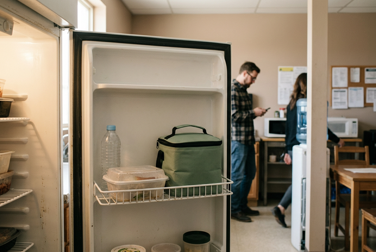 A zipped lunch bag inside a workplace refrigerator beside takeout containers and bottled drinks.